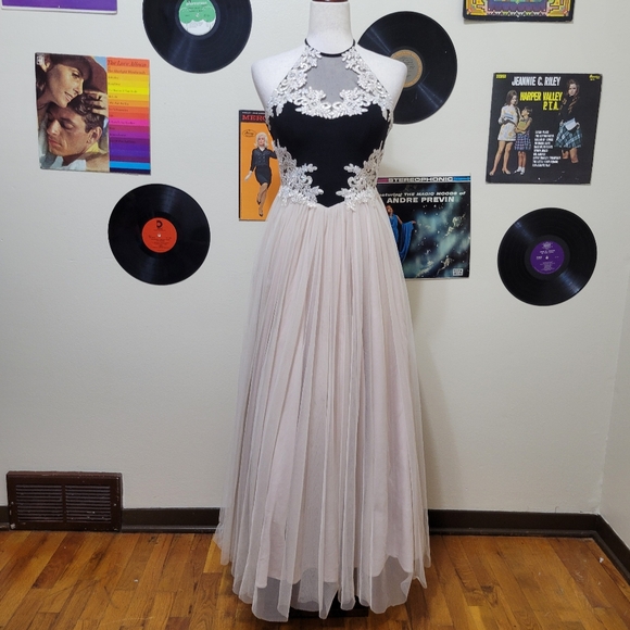 Blondie Nites | Black & Beige Halter Prom Dress - Picture 1 of 8